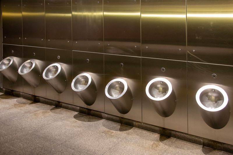 Commercial restroom fixtures serviced by a plumber in a Sacramento building