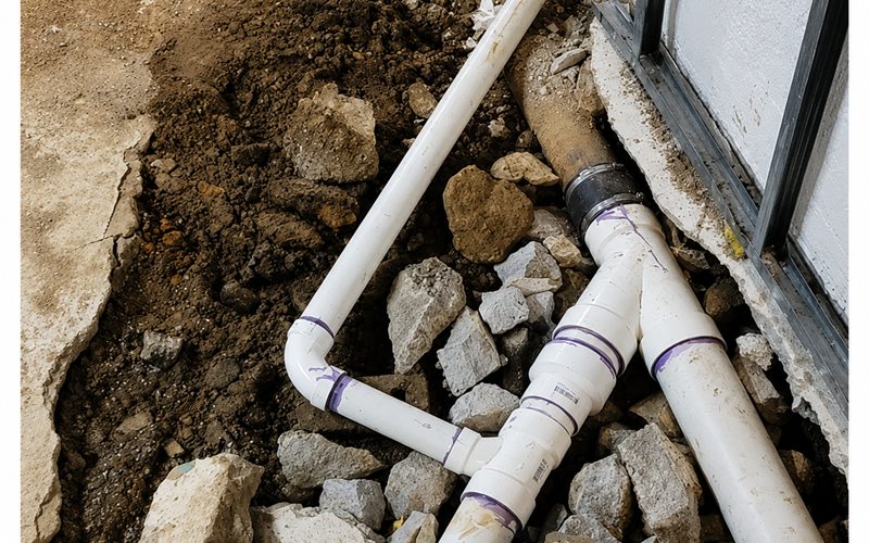 New PVC sewer piping installed in a trench at a Sacramento commercial building